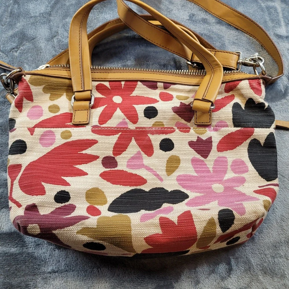 Fossil Issue No. 1954 Floral Canvas‎ Leather Satchel Crossbody Bag Tan Red